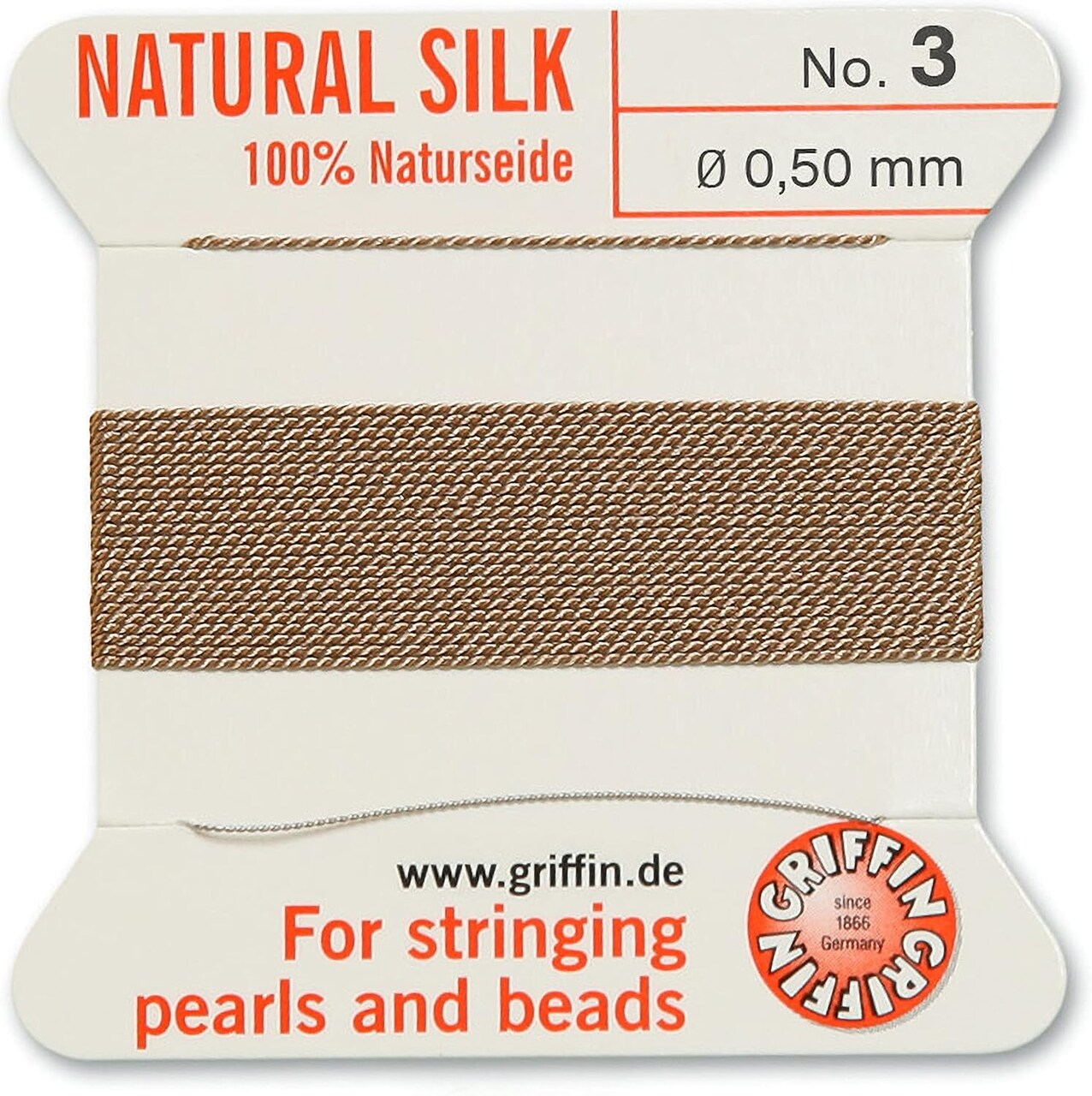 Griffin Silk Bead Cord Perlseide – Size 3 (0.50mm) – 2 Meters per Card – Stainless Steel Needle Attached – for Knotting Pearls, Gemstones, Crystals and Beads